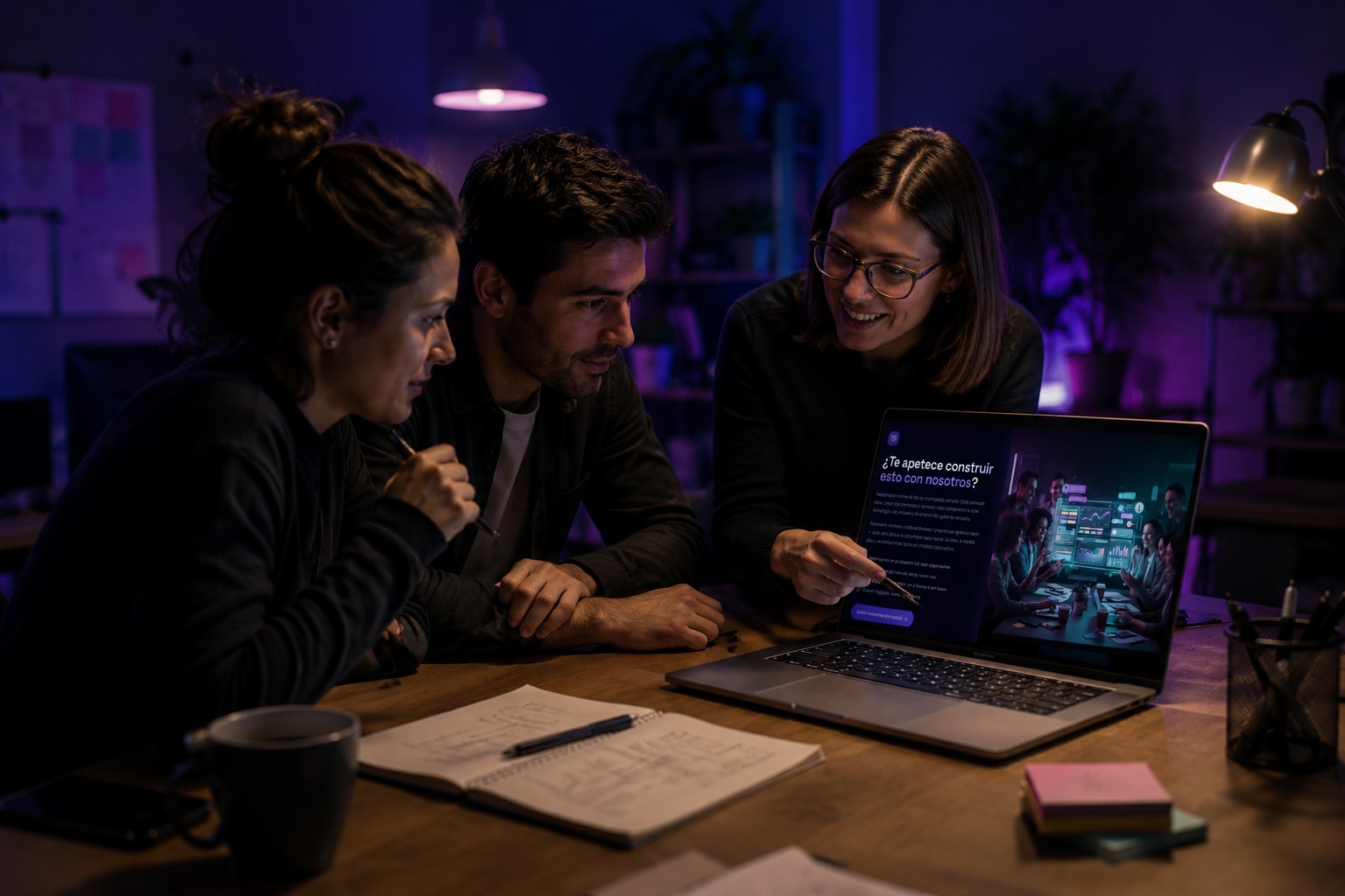 Equipo colaborando en torno a un panel de automatizaciones